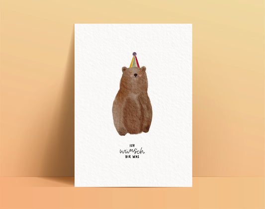 Geburtstagskarte Bär mit Partyhut (Postkarte A6)