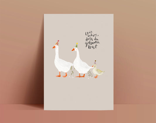 Karte Geburt Geburtstag Gänse Familie (Postkarte A6)