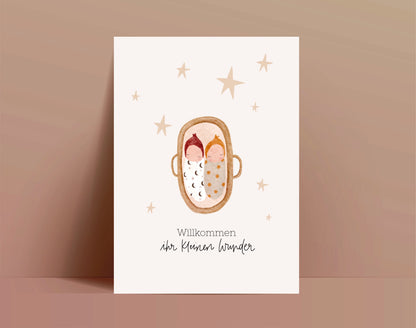 Karte Geburt Zwillinge Moseskorb (Postkarte A6)