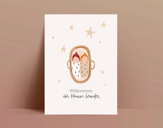 Karte Geburt Zwillinge Moseskorb (Postkarte A6)