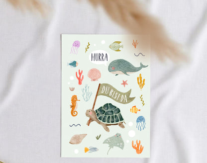 Karte Geburt Meerestiere (Postkarte A6)