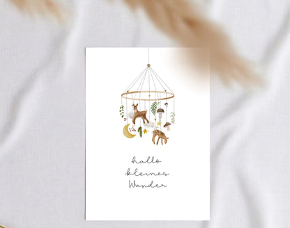 Karte Geburt Waldtiere Mobile Hallo kleines Wunder (Postkarte A6)
