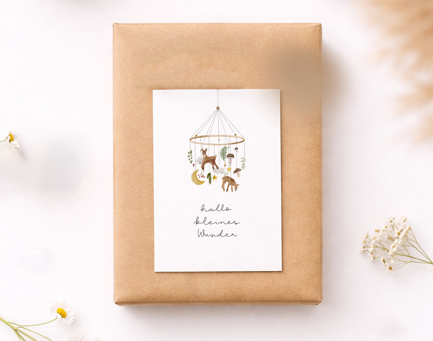 Karte Geburt Waldtiere Mobile Hallo kleines Wunder (Postkarte A6)