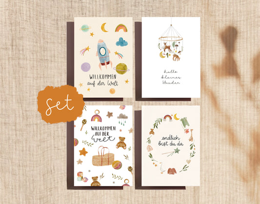 Geburtskarten Set / 4er Set Aquarellkarten Baby / Glückwunschkarten zur Geburt Mädchen Junge /Babykarte genderneutral