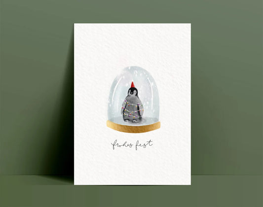 Weihnachtskarte Pinguin Schneekugel (Postkarte A6)