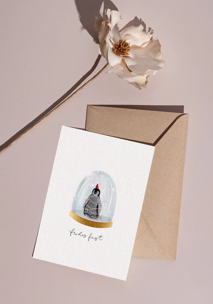 Weihnachtskarte Pinguin Schneekugel (Postkarte A6)