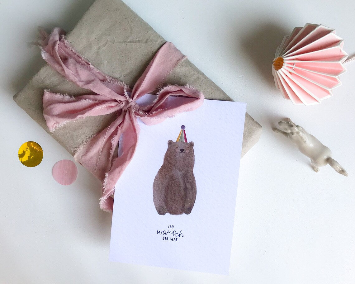 Geburtstagskarte Bär mit Partyhut (Postkarte A6)