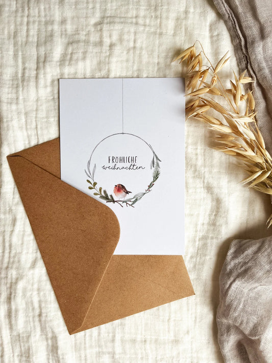 Weihnachtskarte Rotkehlchen „Fröhliche Weihnachten“ (Postkarte A6)
