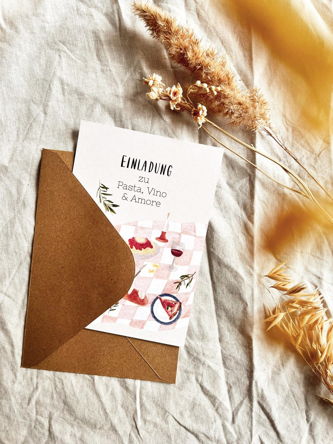 Einladung „Pasta & Vino“ – Gutschein zum Abendessen (Postkarte A6)